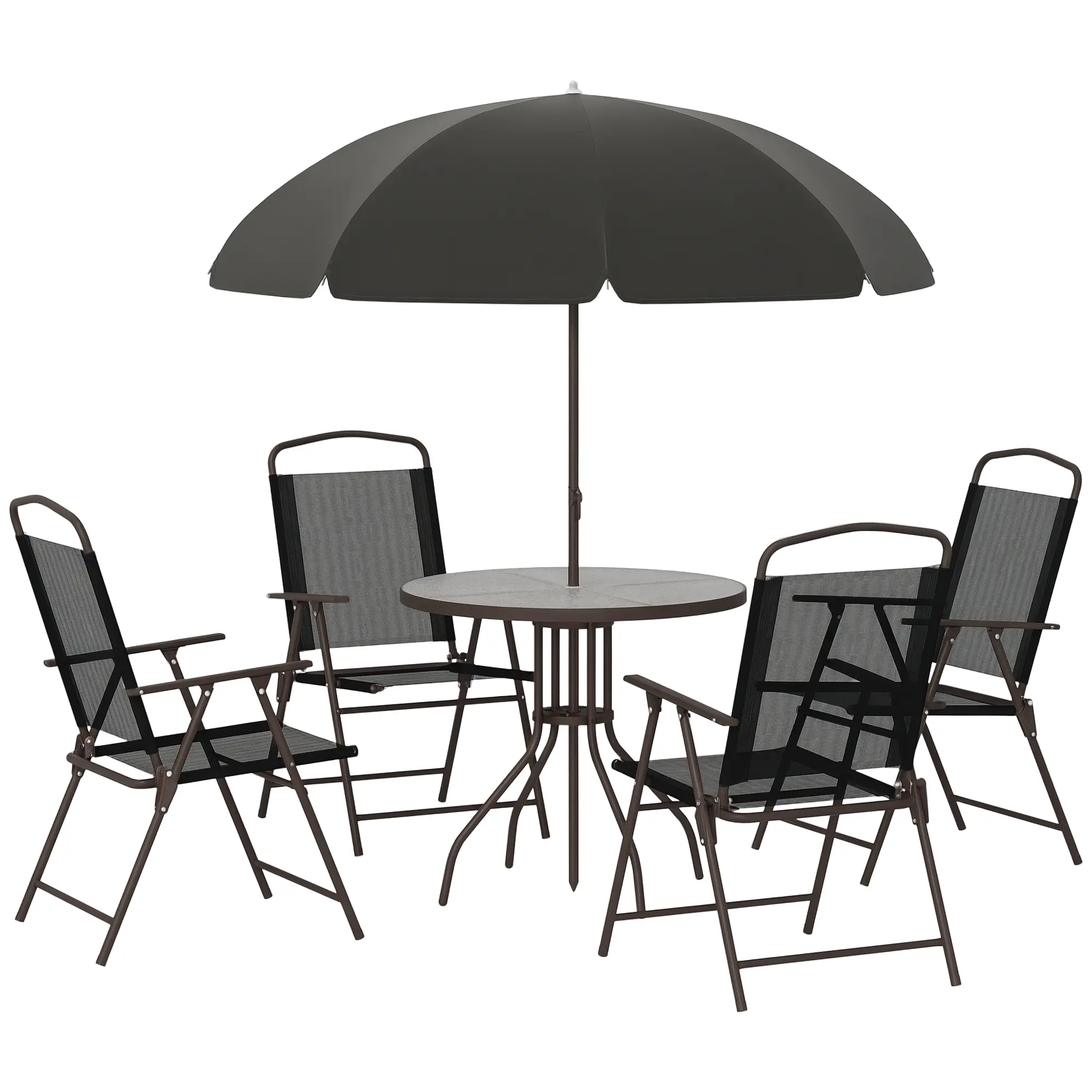 Outsunny 6-Piece Garden Furniture Set - Round Tempered Glass Folding Deck Dining Table, 4 Folding Chairs, Umbrella, 264 lbs. Chair Capacity, Sturdy Tables, Seats 4 for Garden, Backyard