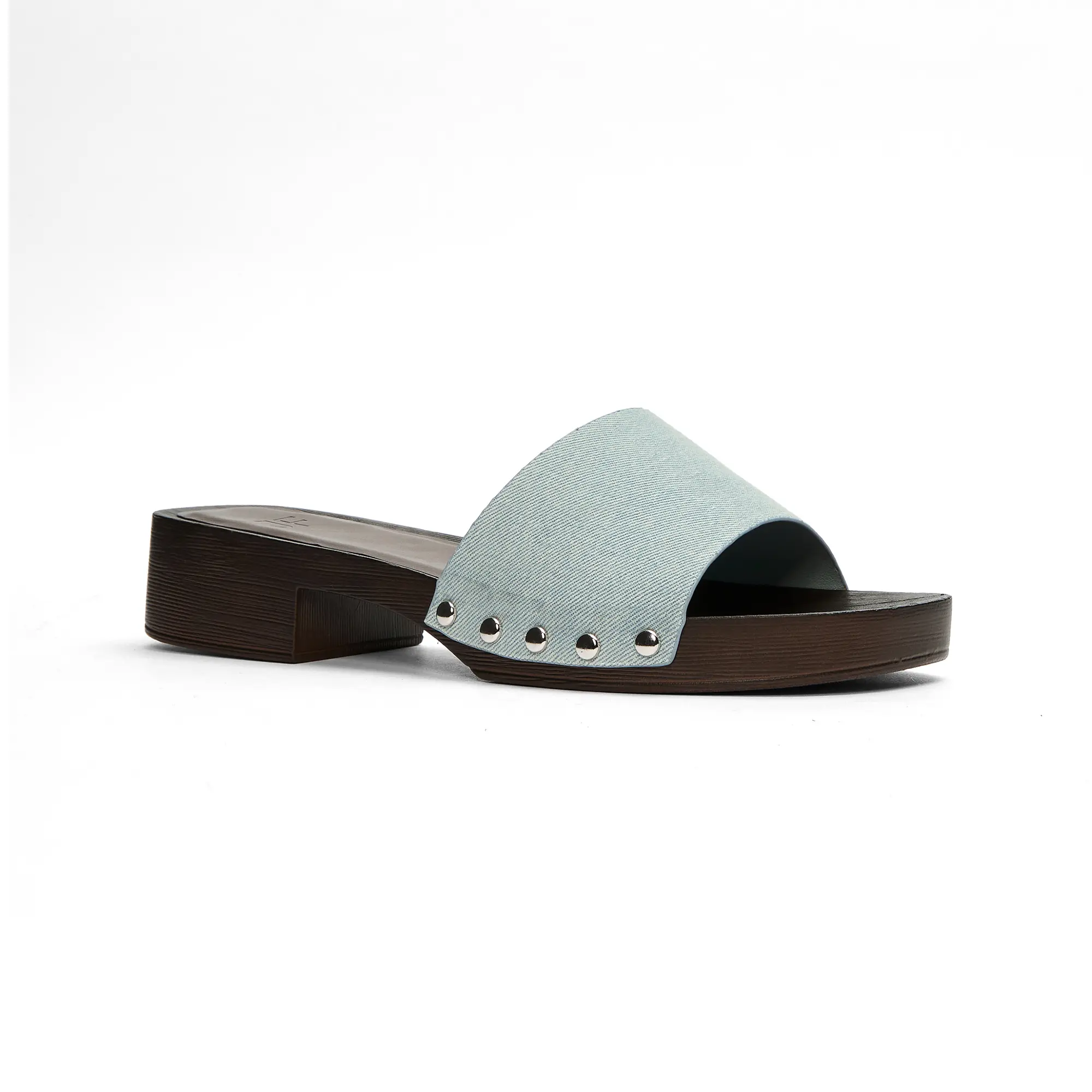 JUSTFAB Women's Dressy Clog Sandals, Studded Denim Slip-On Platform Walking Shoes, Cushioned Summer Footwear, Dressy Flat Sandals, Studded Decorated Sandals
