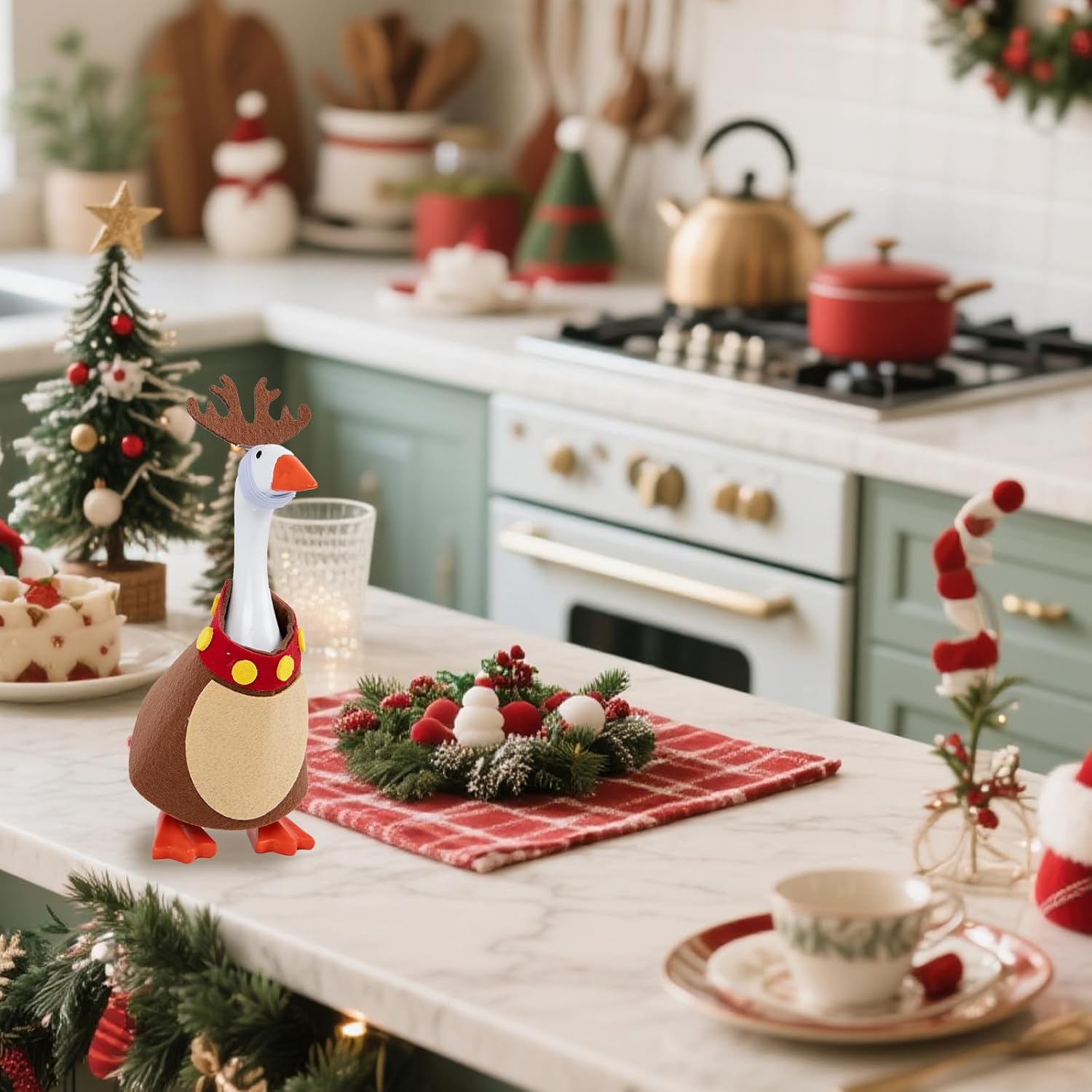 4 Sets Christmas Mini Desk Goose Outfit 7 Inch Magnetic Silly Goose Statue Christmas Tree Elk Costume with Mini Headwear and Felt Clothing Keychain Clothes Costume for Table Duck Desk Key Holder Decor