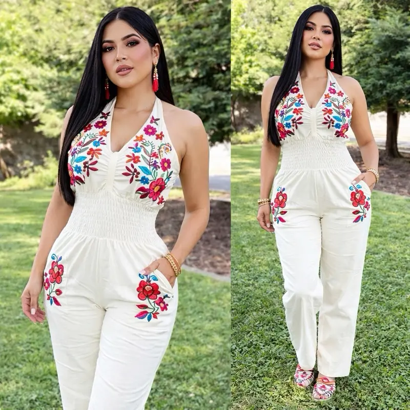 Women's Elegant Floral Embroidered Halter Jumpsuit, Comfortable Womenswear with Elastic Waist, Pockets, Vibrant Colors, Chic Pantsuit
