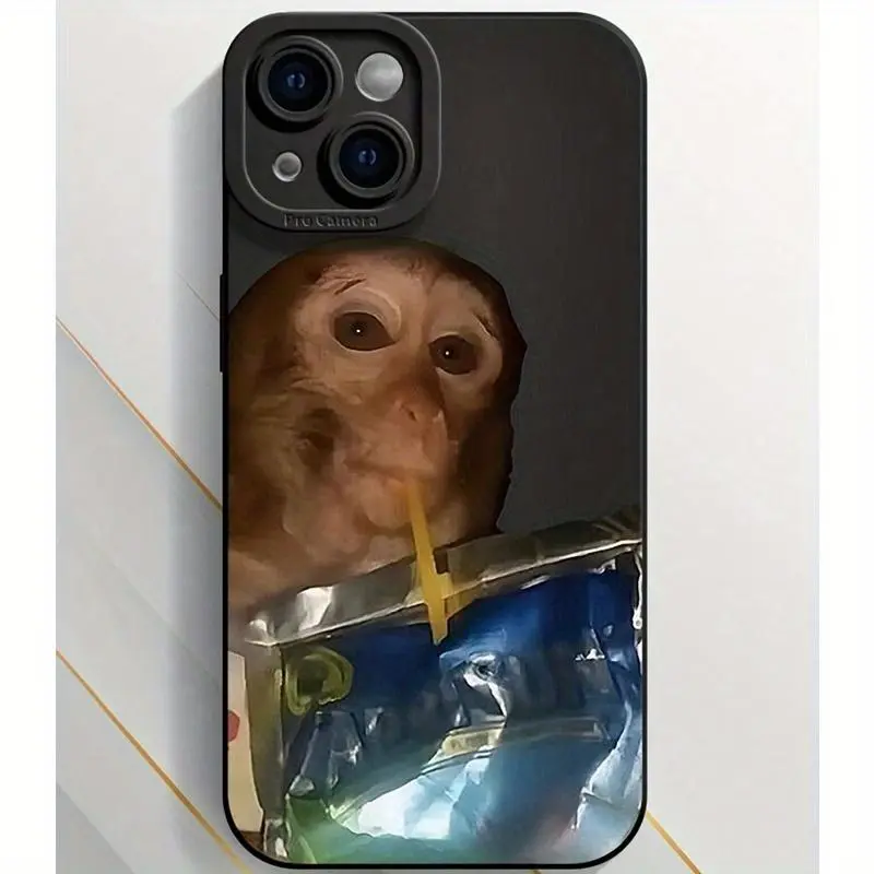 Animal Monkey Sipping Capri Sun TPU Smartphone Case - Shockproof, Fall-Resistant Full-Side Protective Cellphone Accessory for Multi-Model iPhones: 15,14 Pro Max,14,13,12,11 Pro Max, Casing