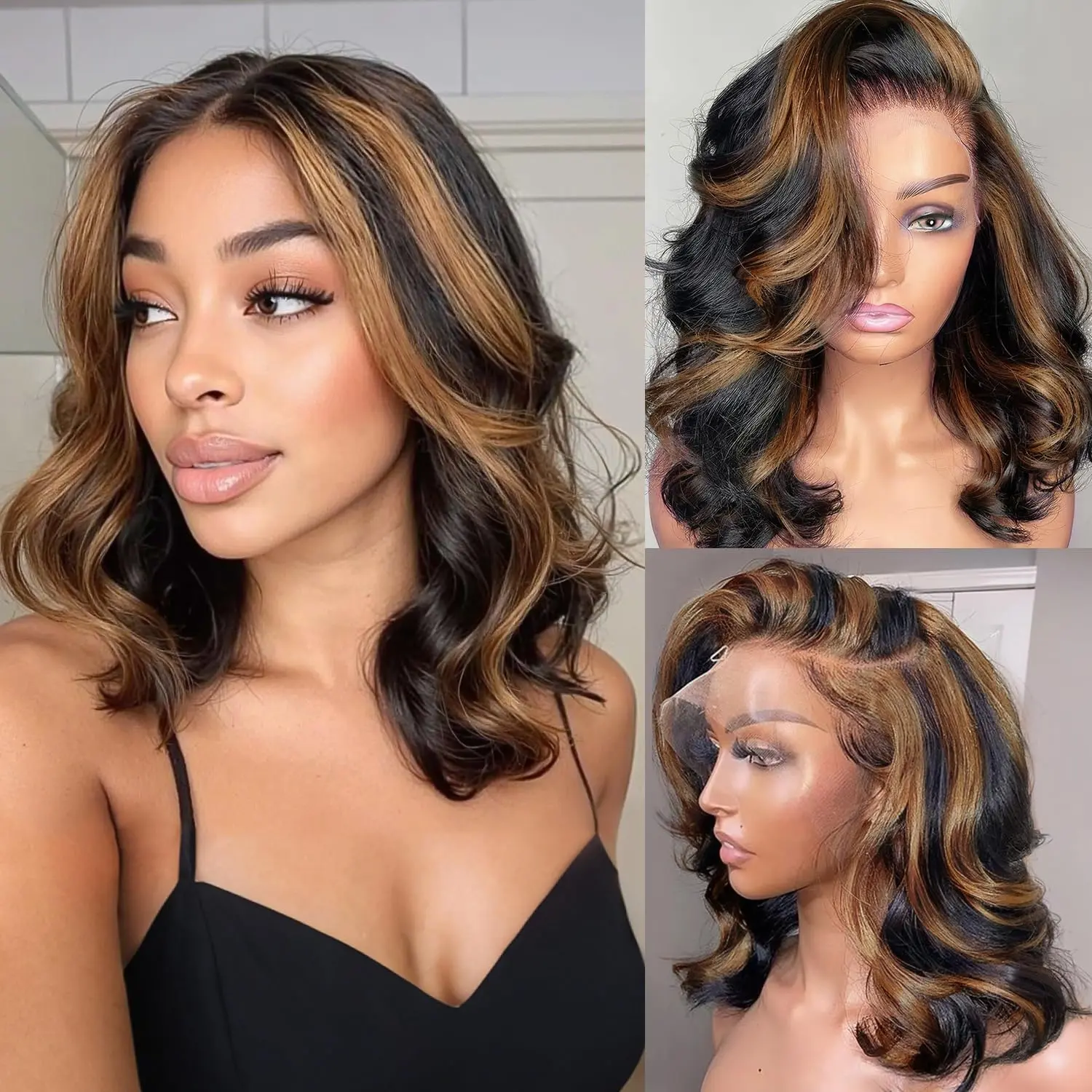 AFRIBYE Women's Short Bob Unisex Human Hair Lace Front Wig, 14in Honey Brown Ombre Body Wave, 13x6 HD Lace Pre-Plucked Virgin Hair, 180% Density with Bleached Knots, Wigs Human Hair, Human Hair Wigs