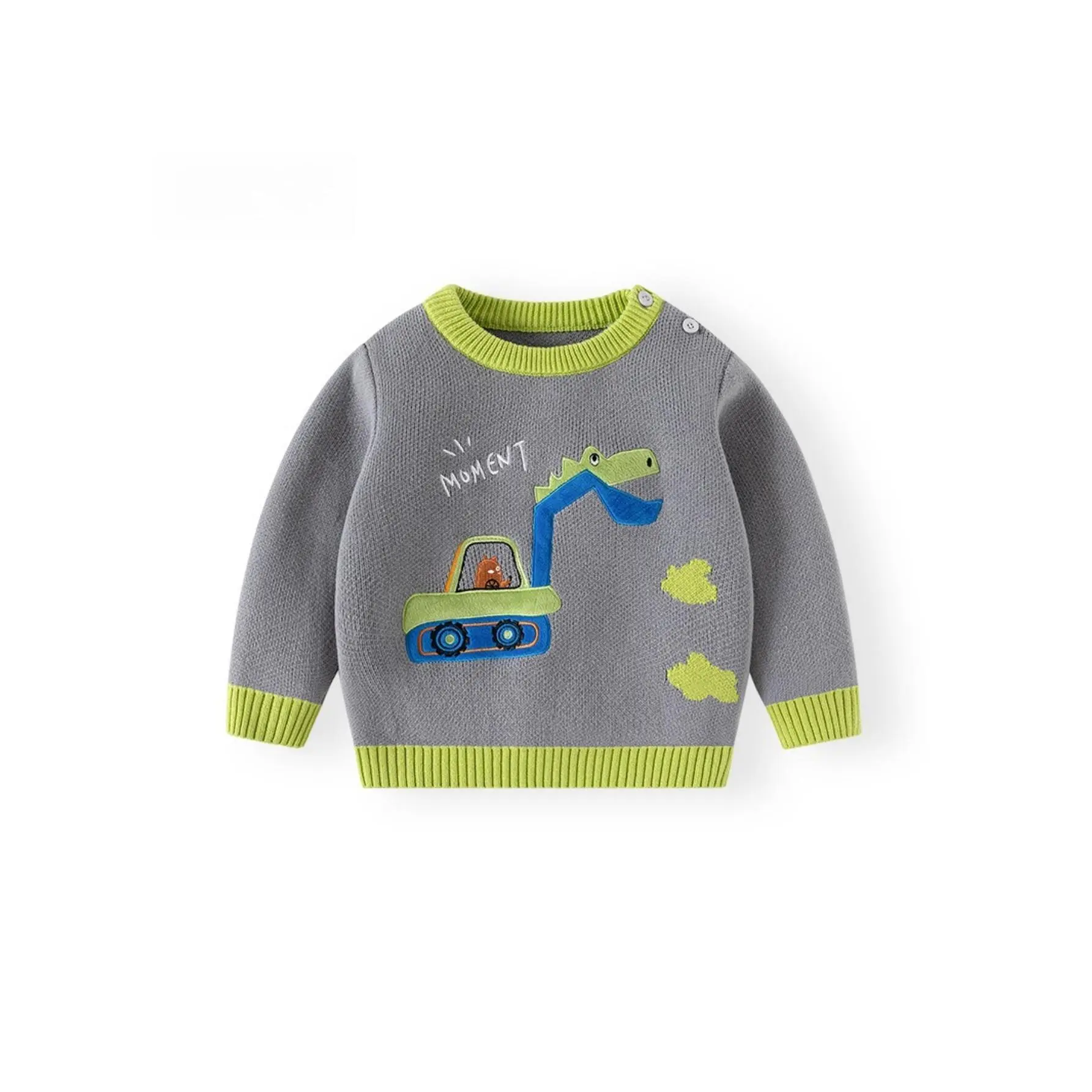 Boys' Dinosaur Print Thickened Knit Sweater |   Fall/Winter Cozy Pullover for & Kids, Warm & Soft Top, Cute & Comfortable All-Season Wear for Indoor/Outdoor Activities, Acrylic, Crew Neck, Half Placket, Long Sleeve