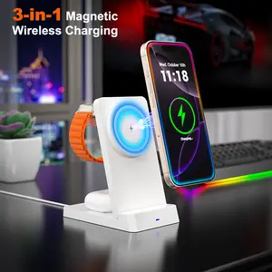 3 in 1 Magnetic Wireless Charging Station, Foldable Fast Charger Stand for Phone, Watch and Earbuds, Adjustable Desk Charging Dock