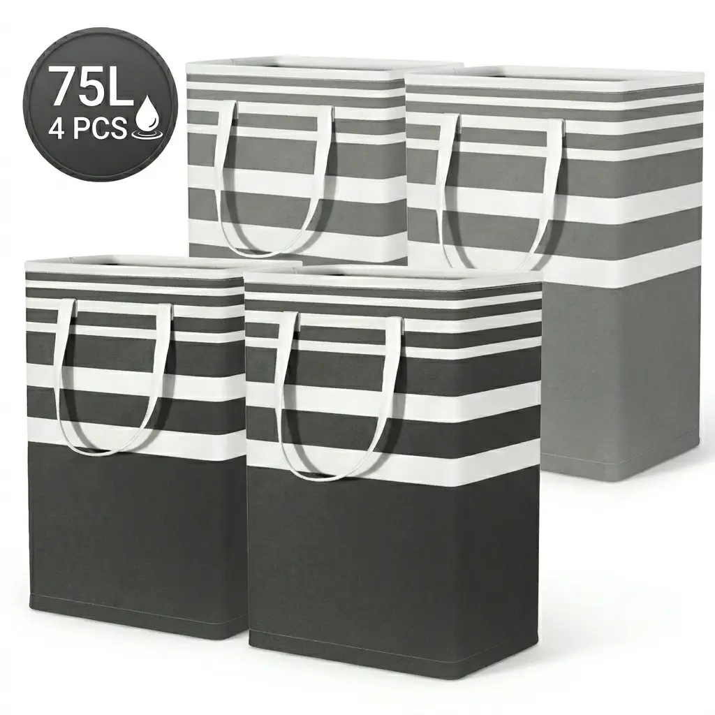 75L Large Laundry Basket, Collapsible Freestanding Hamper with Extended Handles, Waterproof Clothes Storage for Bedroom, Bathroom & Dorm, Laundry Baskets, Freestanding Stand