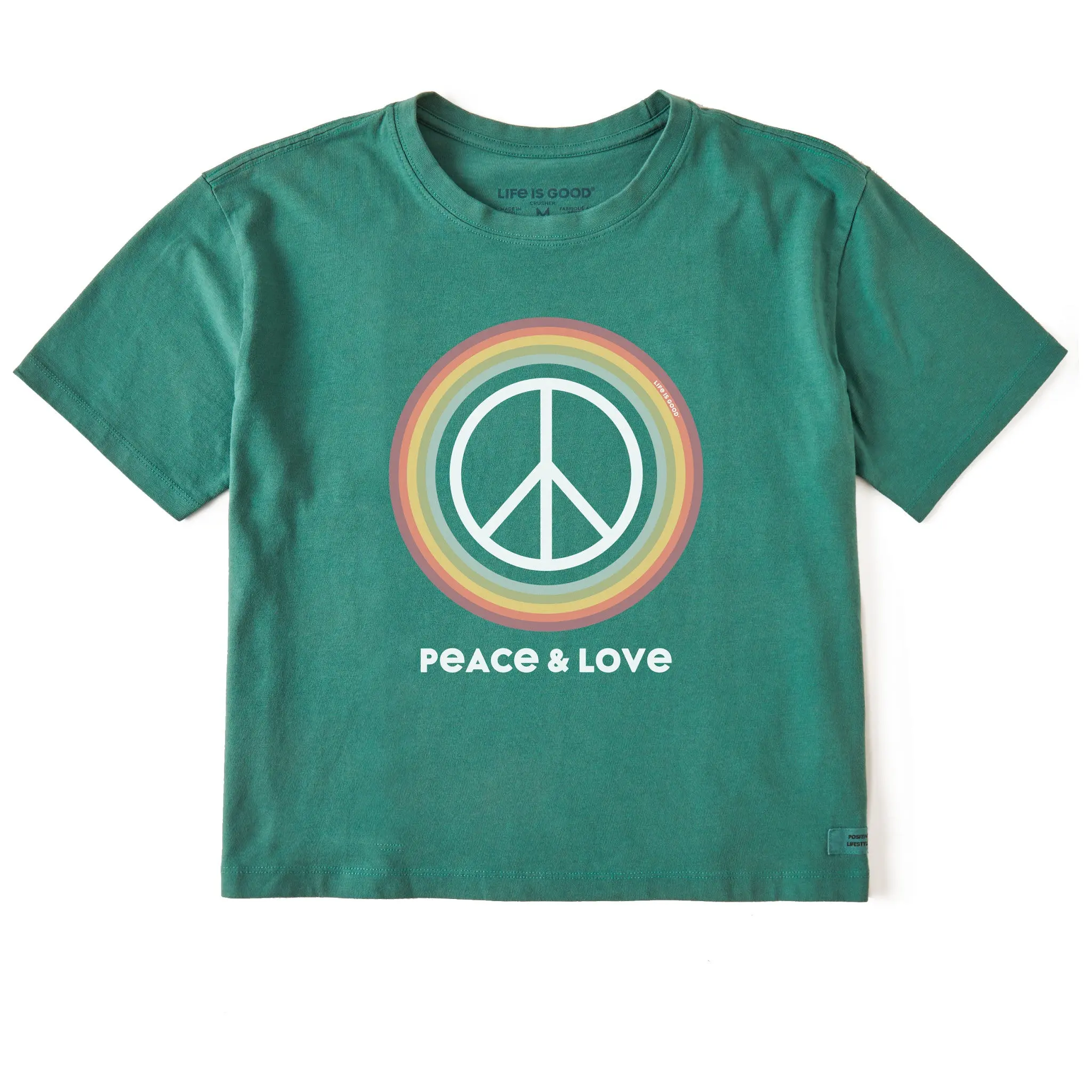 Women's Peace and Love Rainbow Circle Short Sleeve Crusher Boxy Tee