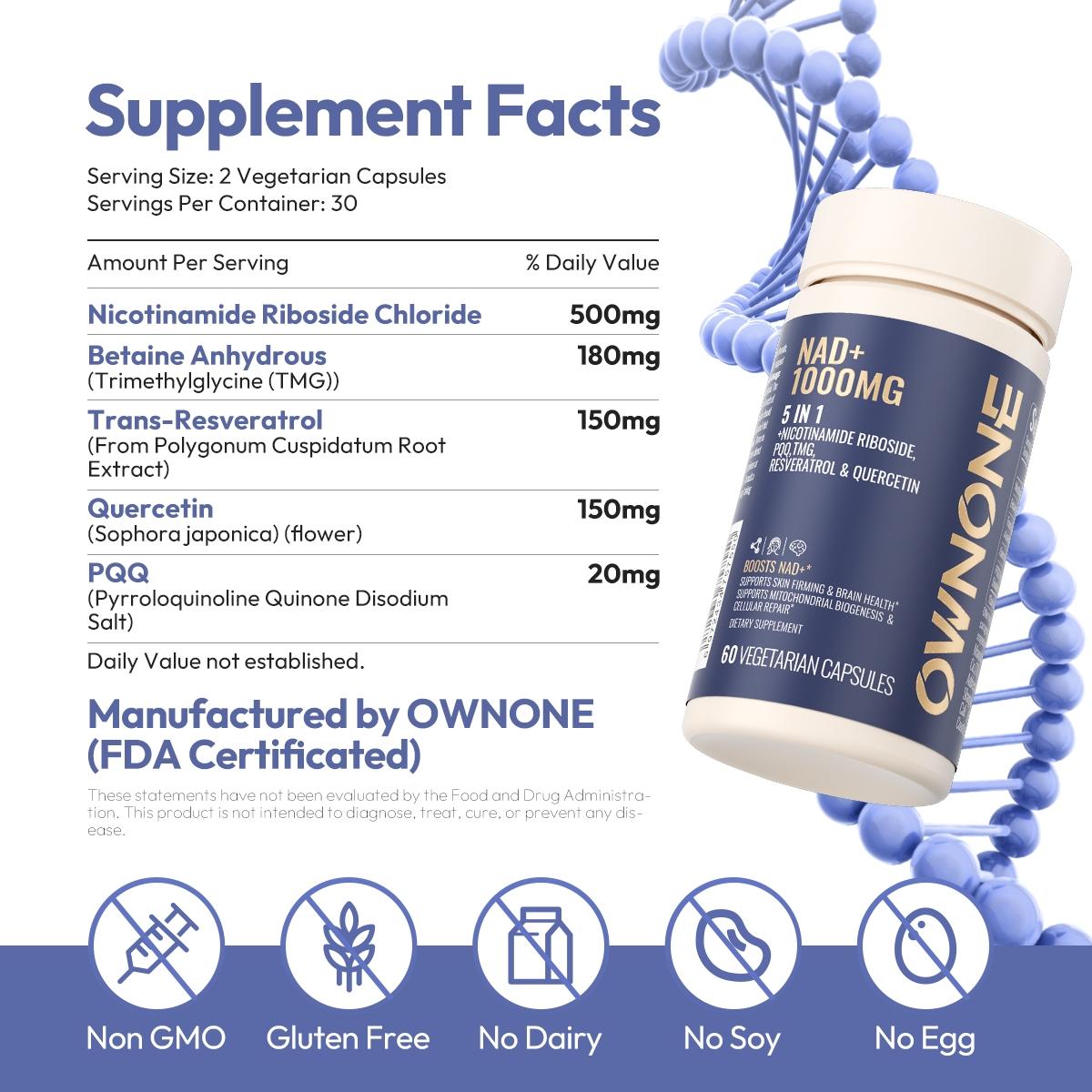 OWNONE NAD+ 1000MG 5 IN 1 | Supplement for Skin Aging ＆ Brain Health Support | Supports Cellular Repair, Energy and Focus | Nicotinamide Riboside, PQQ, TMG, Resveratrol ＆ Quercetin 5 in 1 | 60 VEGETARIAN CAPSULES