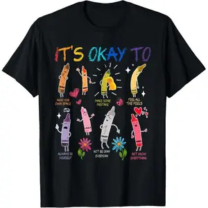 Women's 100% Cotton Short-Sleeve Vintage Casual Tee Shirt - Everyday Tops with "It's Okay To Feel All The Feels" Color Crayons Mental Health Graphic