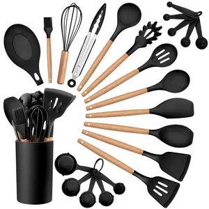 34pcs Silicone Kitchen Utensil Set with Holder Heat-Resistant Non-Stick Cooking Tools Heavy-Duty Kitchenware  Measuring Cups & Cutting Board, Dishwasher Safe girly easy-to-clean Nonstick Handles Wooden Spoon Set