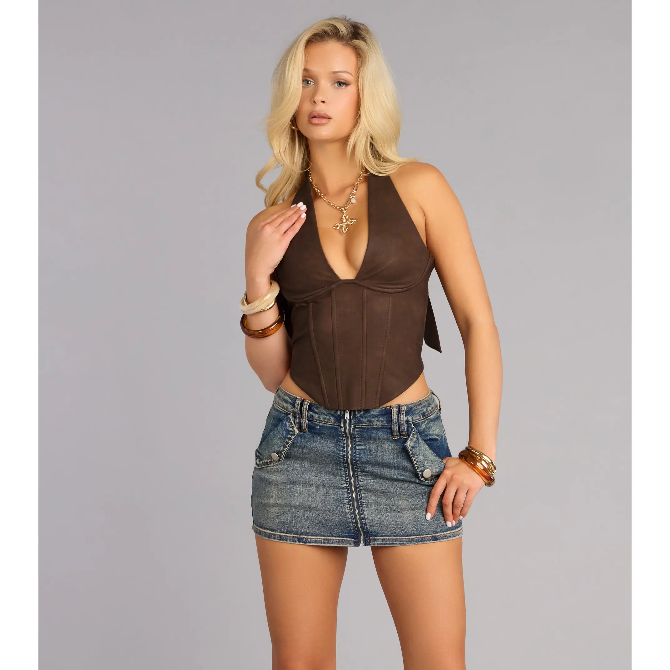 Cowgirl Coded Faux Leather Halter Corset Top Cowgirl Coded Faux Leather Halter Corset Top
