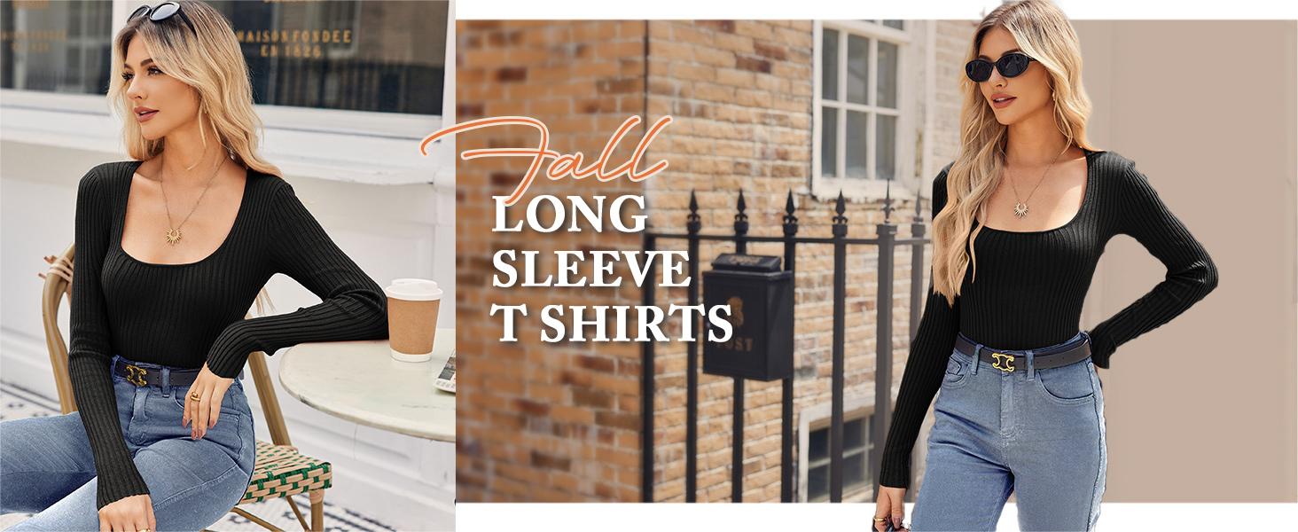 Women's Super Soft Stretchy Ribbed Knit Sweater Square Neck Long Sleeve Slim Fitted Tunic Top for Fall Winter Essential Casual Outfit