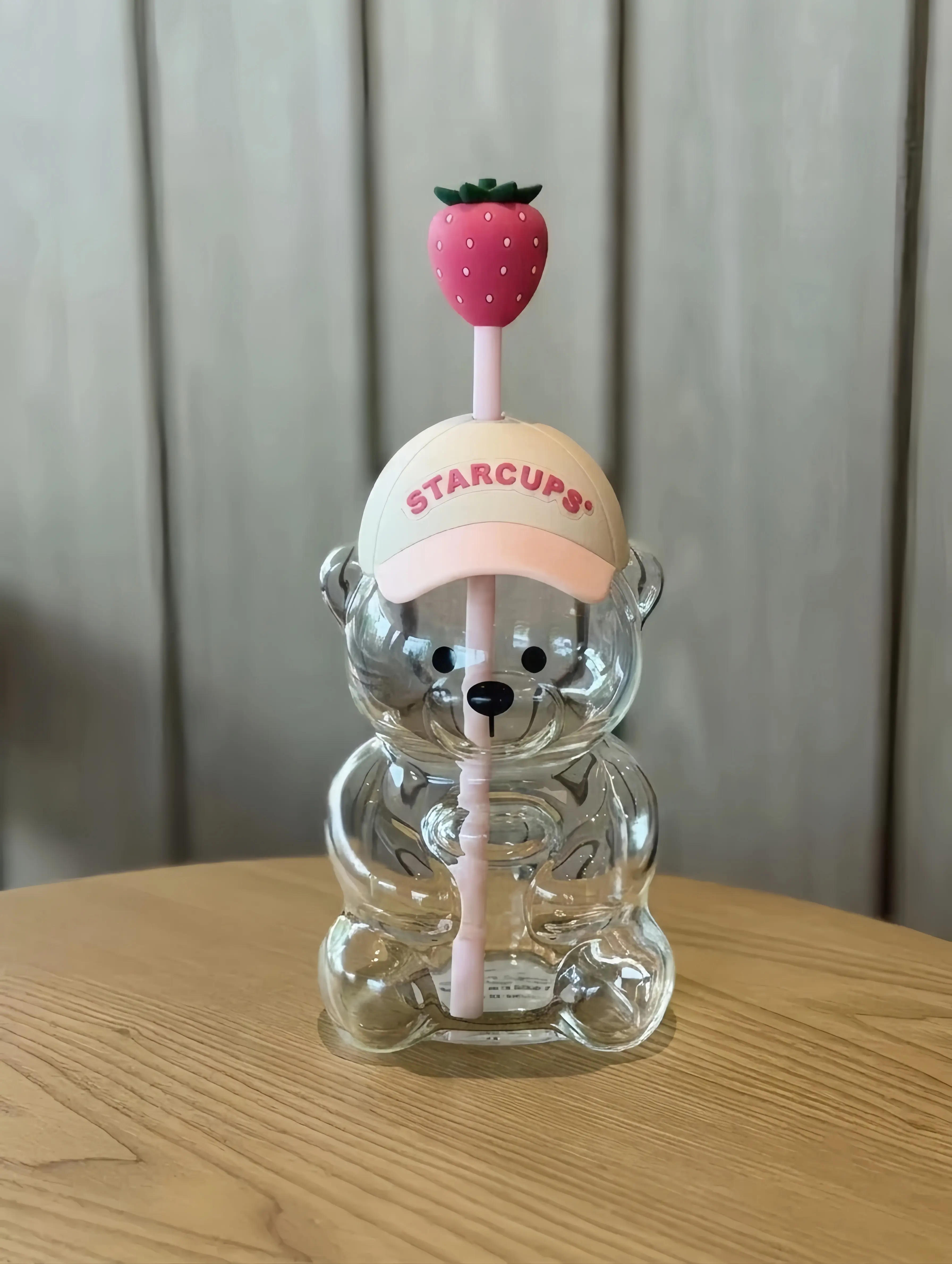 Strawberry Bear Glass Cup With Straw, Leak Lid & Hats for Cold Drinks | Cute bear cup with straw featuring clear glass, secure lid & hats for cold drinks, gifts, parties.