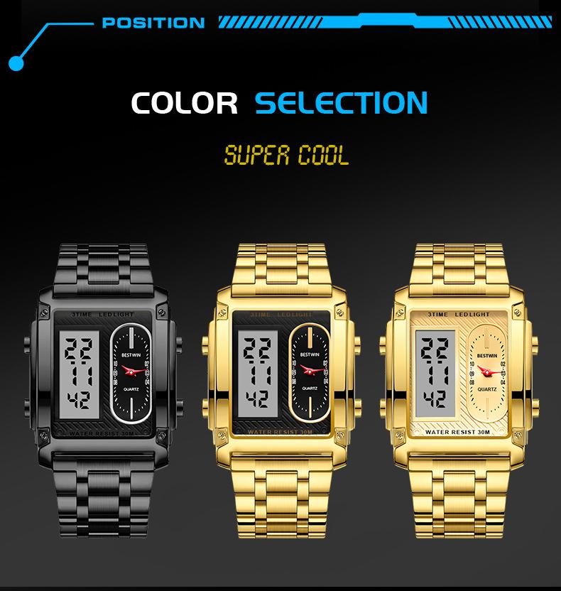 men's square creative dual-movement multifunctional sports watch, featuring a luxurious triple-time design, water resistance, luminous dial, ​Exuding a minimalist aesthetic, it is elegant, durable, and the perfect choice for everyday wear.​​ digital quart