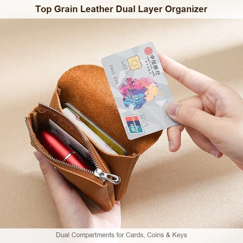 Top Grain Leather Small Multi-Use Organizer for Cards, Coins & Keys, Portable Storage Pouch