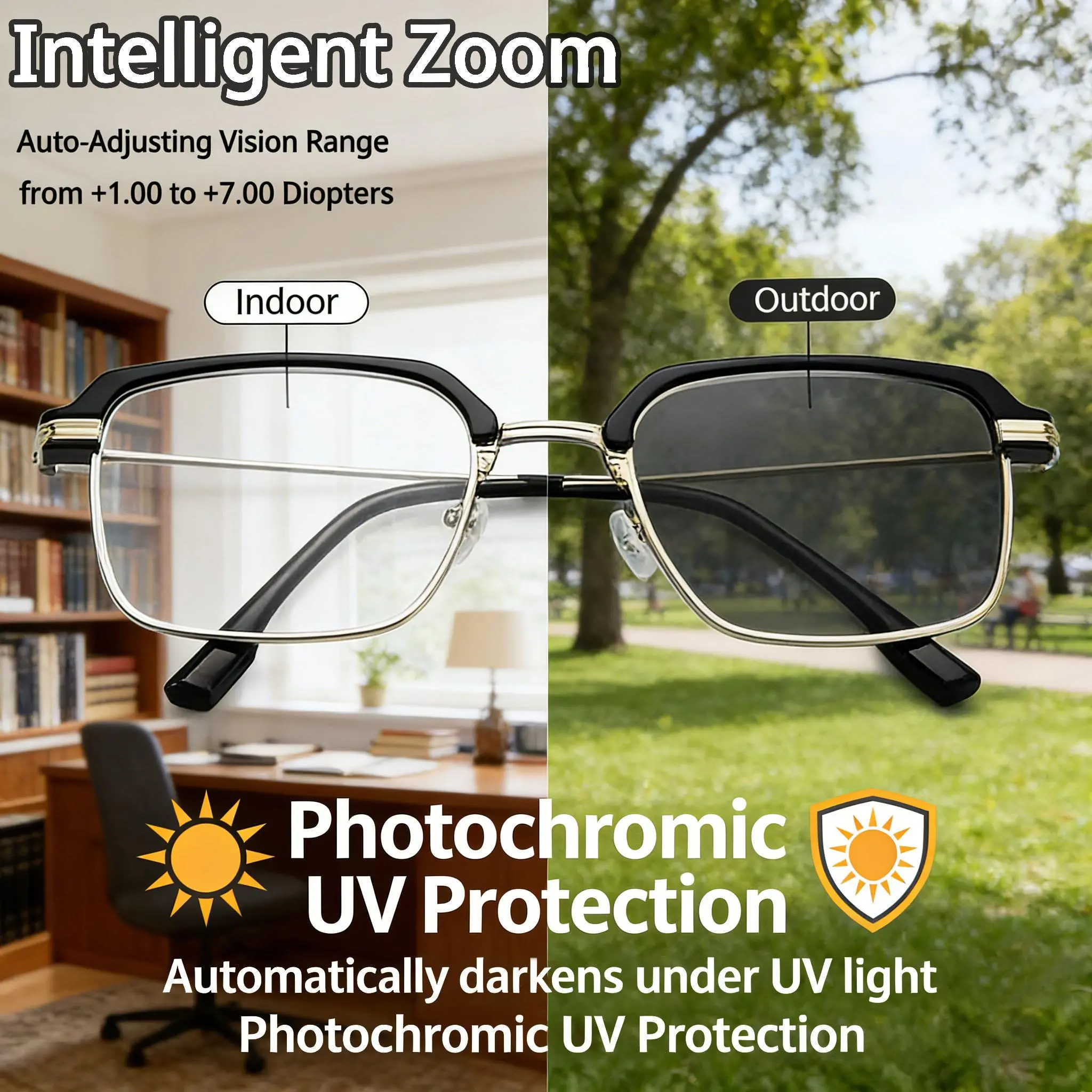 Frameless Smart Zoom Reading Glasses!Auto - adjust +1.00 - 7.00 diopters.Blue light filter for HD eye protection.Unisex design with soft silicone nose pads.Lightweight, stylish, comfortable, durable, and offer precise vision correction.