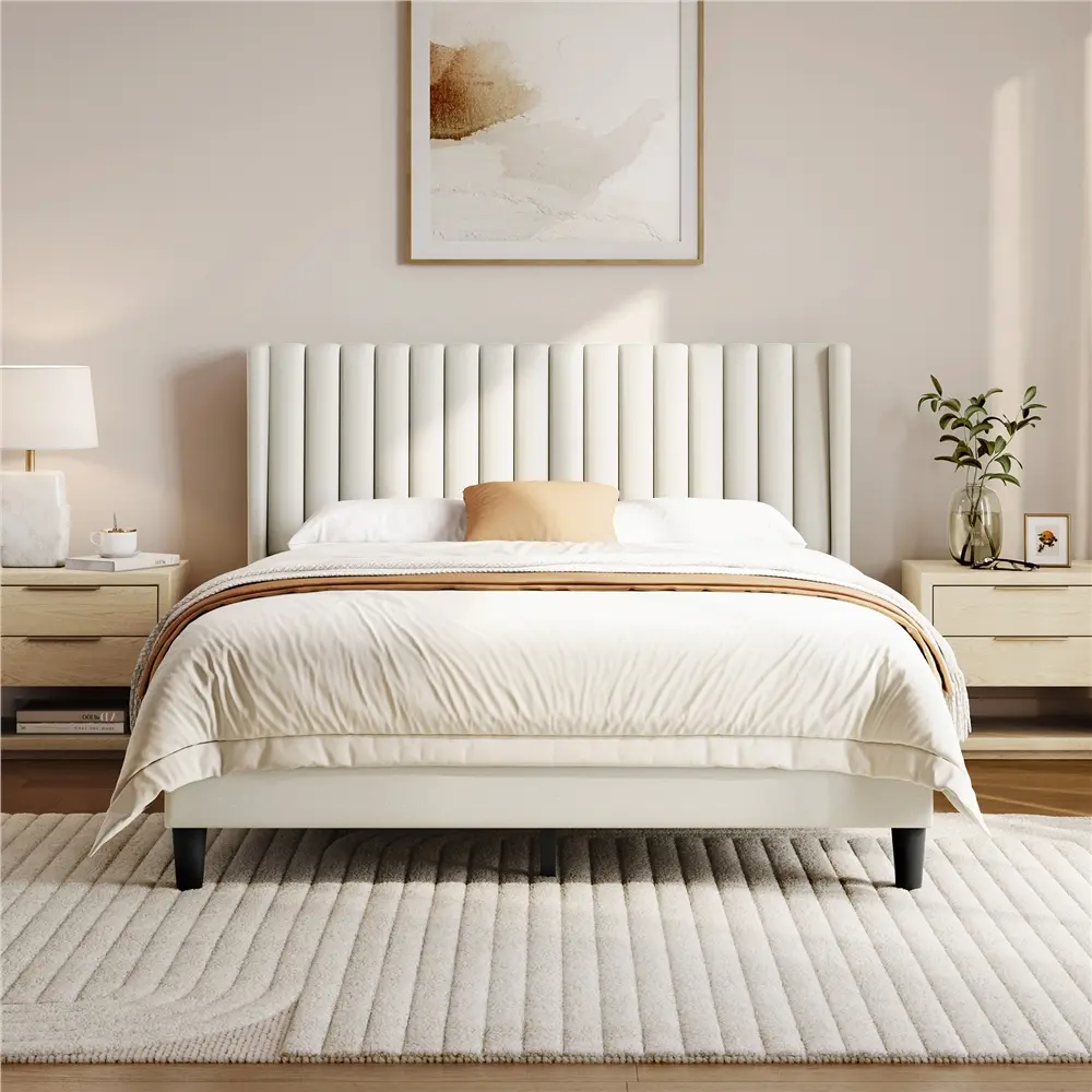 Yaheetech Full/Queen/King Bed Frame Upholstered Platform Bed with Fabric Headboard, Wing Edge Design/Non-Slip and Noise-Free/Wooden Slats Support/No Box Spring Needed/Easy Assembly