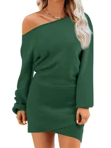 Wenrine Women's Off-The-Shoulder Knit Sweater Dress, 2025 Fall Winter, Long Sleeve, Slim Fit Casual Pullover Mini Dress