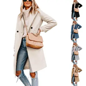 Ommig Women's Notch Lapel Double Breasted Wool Blend Mid Long Pea Trench Coat