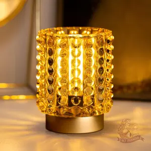 Battery Operated Lamp with Timer, Mini Crystal Table Lamp for Home Decor, Small Cordless Lamp for Areas No Outlets, Glass Battery Powered Lamp for Entryway, Bedroom, Bathroom, Shelf, Corner(Yellow)