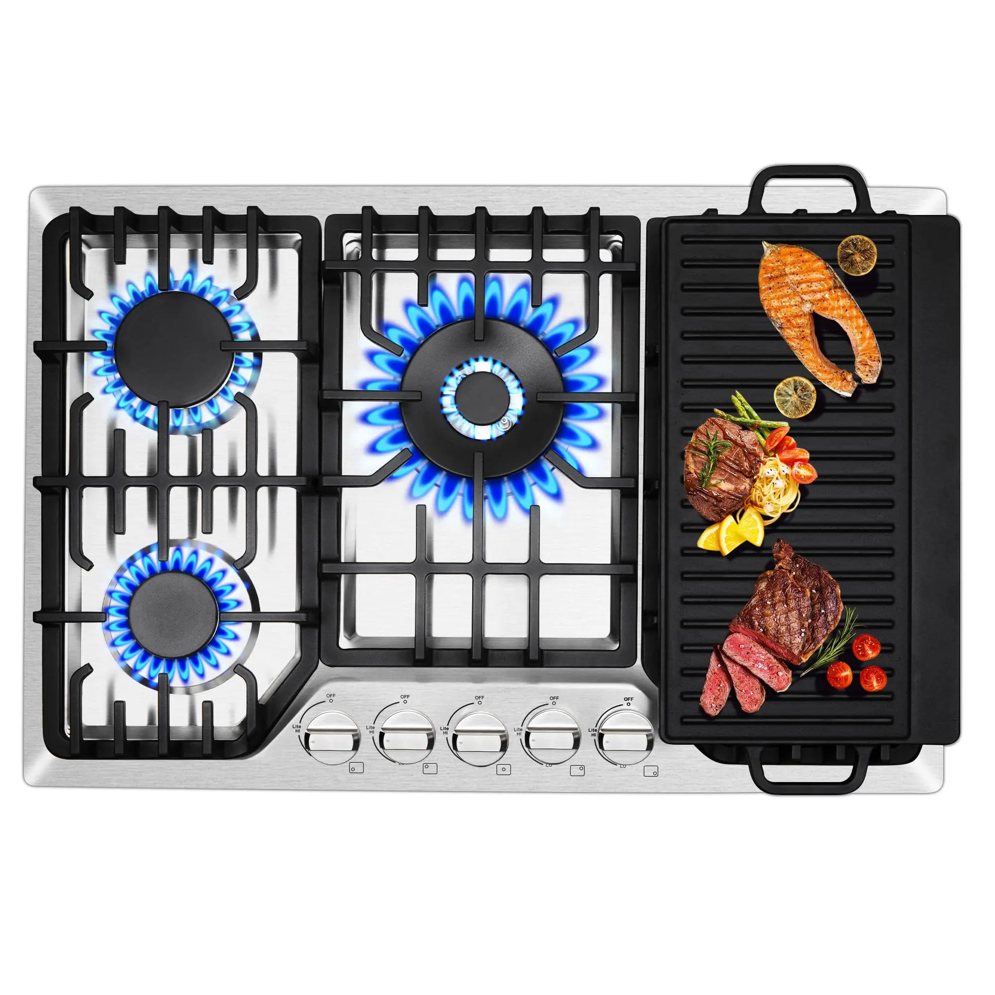 30 Inch Pro Griddle Gas Cooktop 5 Burner Built-In Convertible NG/LPG Commercial 304 Stainless Heavy Duty Quick Clean CSA Certified High Efficiency Kitchen Stove Pressure Stove Dual Fuel, Cast Iron, 120V Ac
