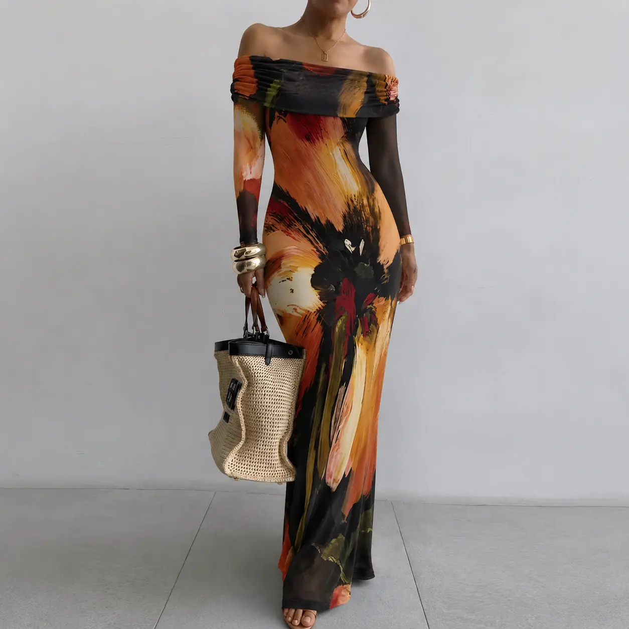 CHICME Women's Oil Painting Print Foldover Off-Shoulder Mesh Overlay Maxi Dress Long Sleeve Ruched Mermaid Long Dress