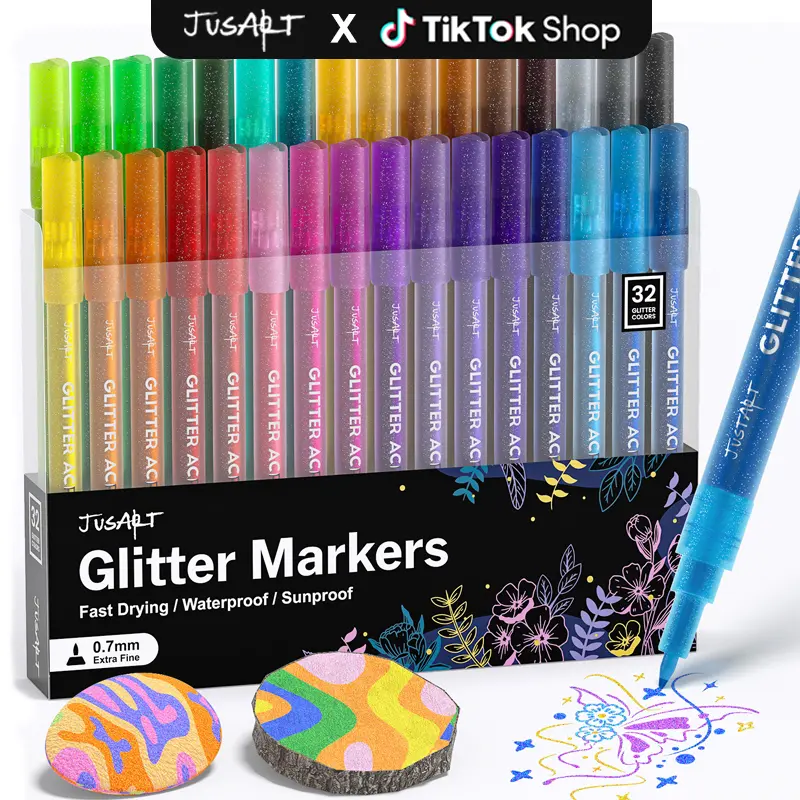 【Back to school shopping】TikTok Shop JusArt 32/24/16 Colors Glitter Markers Pen, Glitter Paint Pens, Shimmer Marker, Water-based Ink for DIY Crafts Greeting Birthday Cards Present Doodle Drawing Supplies, Paint Markers, Art Supplies tiktokshopbacktoschool