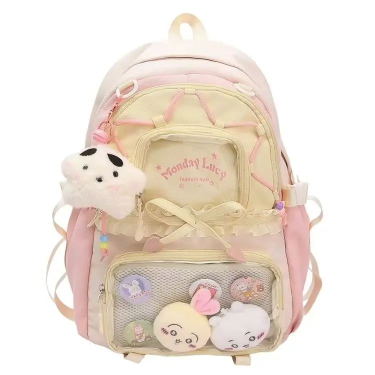 RIVERICH Kawaii Backpack with Cute Accessories Nylon Casual Bookbags with Pendants Lightweight Laptop Bag Travel Daypacks (Pink,Backpack)
