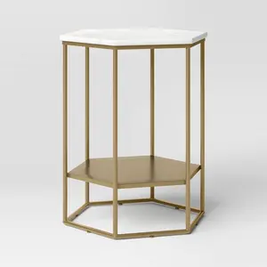 Threshold Iron Accent Table Modern White Stone Top Round Brass Finish
