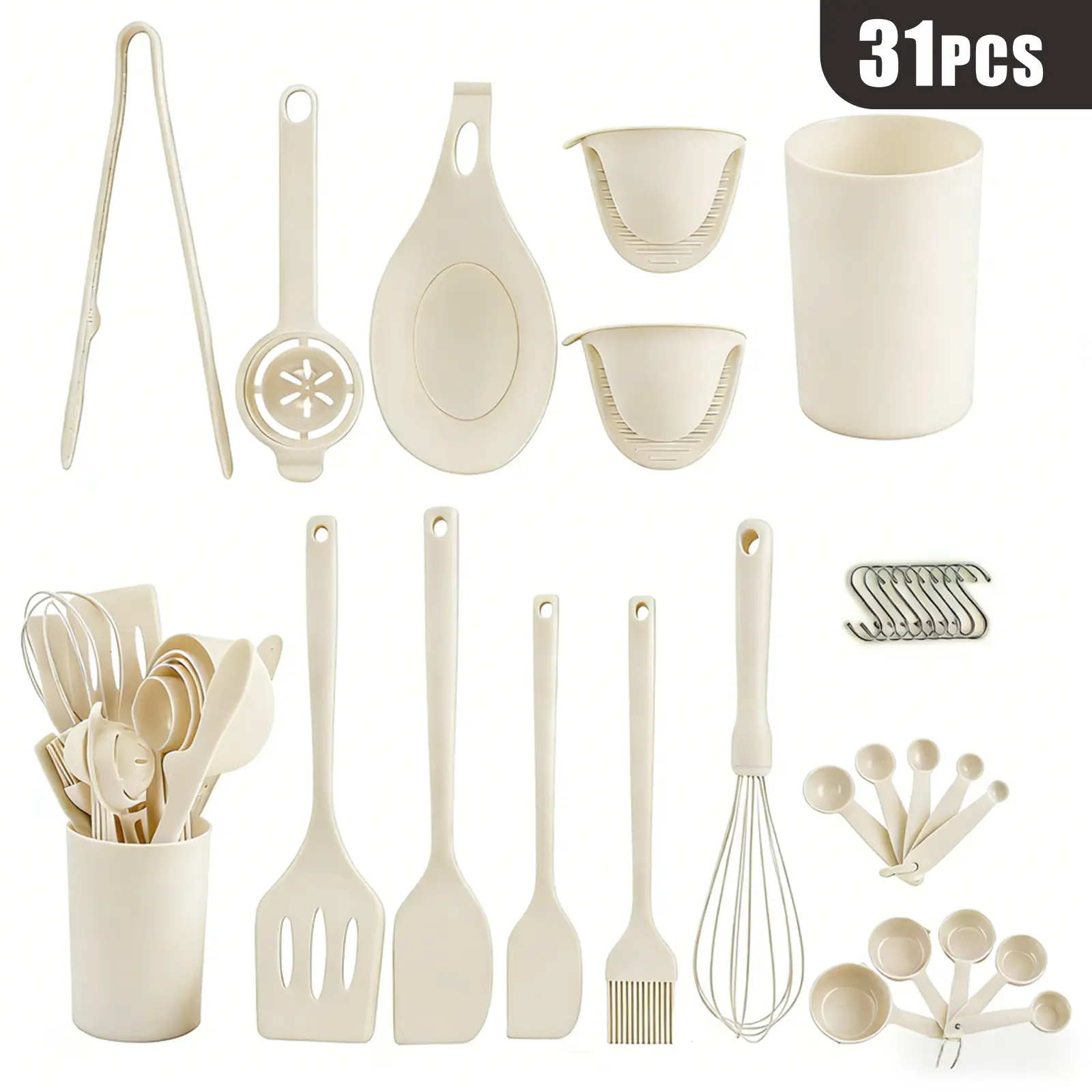 【Best Mother's Day Gifts】XBJ 31-Piece Complete Chef Kitchen Cooking Utensils Set - Non-Stick Silicone Spatula Set with Wooden Handle and Holder, Organized Practical Versatile Multiple Kitchen Tool for Nonstick Cookware