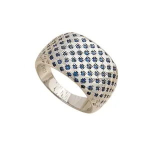【HXS】925 Sterling Silver Pave Blue Sapphire Wide Band Ring Grid Pattern Statement Ring for Men Women