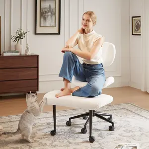 Nost & Host Cross-Legged Office Chair with Footrest, PU Leather Armless Desk Chair, Wide Padded Seat for Cross Leg Sitting, Adjustable Height & Swivel, Modern Home Office Chair