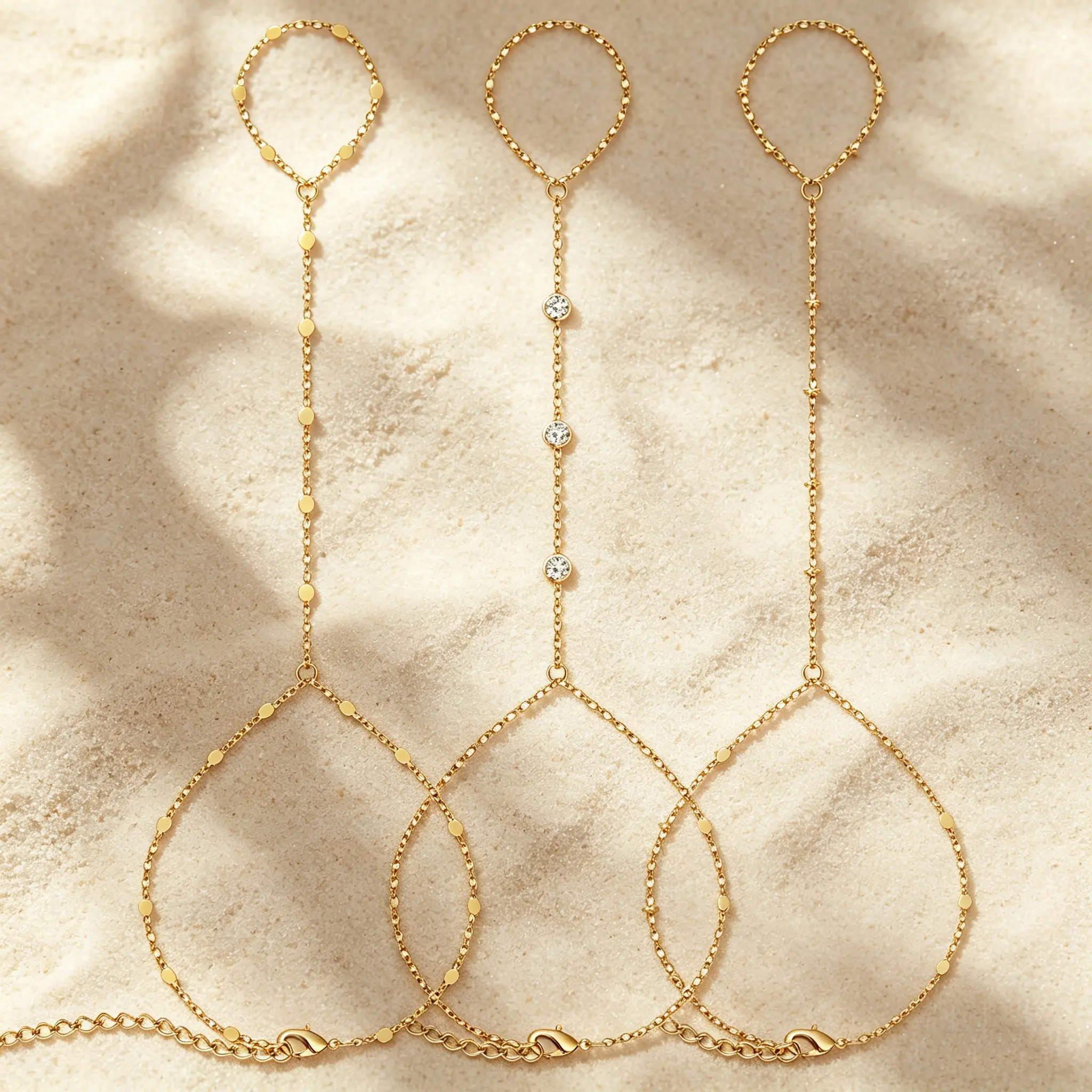 17KM 3Pcs New Dainty Stackable Ring Hand Chain, Adjustable 14K Gold-Plated Trendy Bracelets for gift summerwins