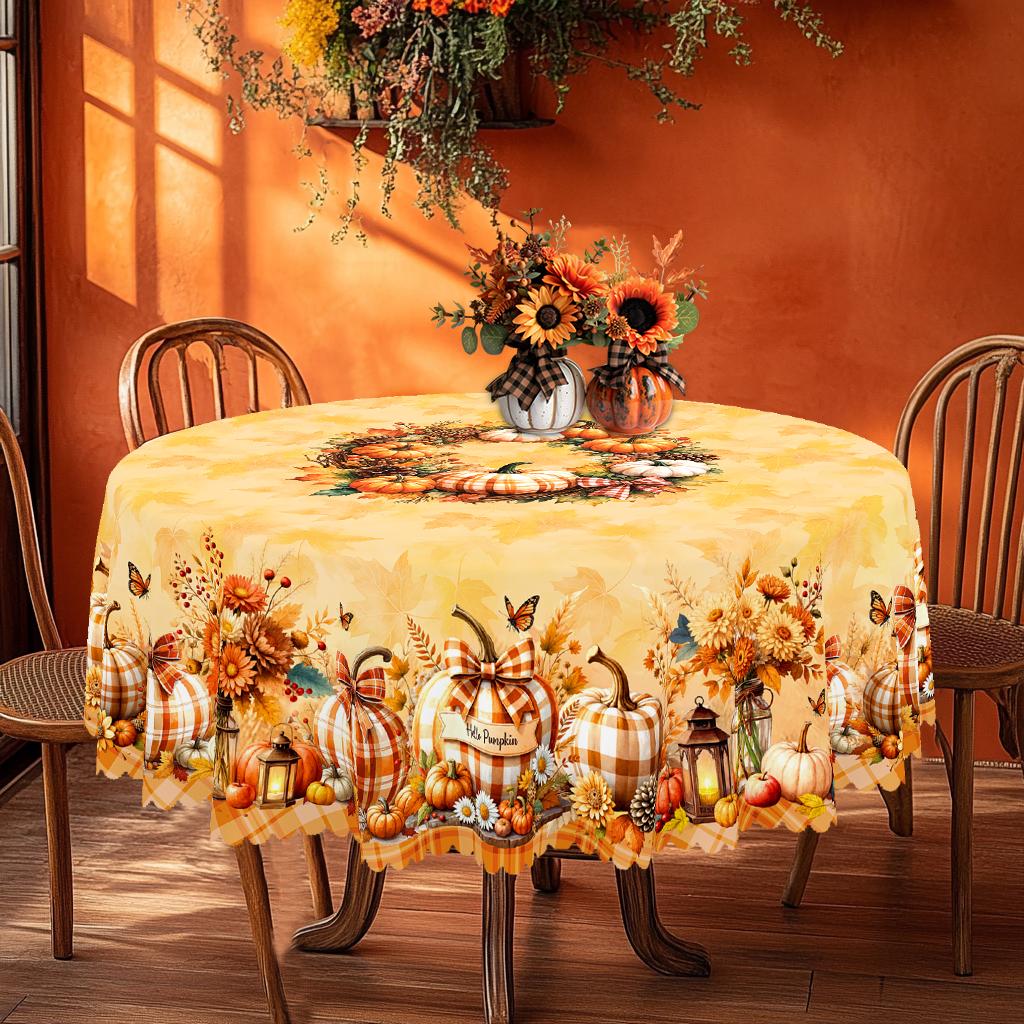 PLUMLIK Vibrant Fall Tablecloth with Buffalo Plaid Pumpkin Sunflower Patterns, Autumn Yellow Rectangular Round Table Cover Suitable for Thanksgiving Day Holiday Party, Indoor Outdoor Decor, Farmhouse Harvest Table Decoration, Home Kitchen Festive Decor