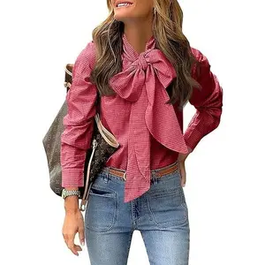 Cicy Bell  Women's Plaid Shirt with Bow Tied Neck Button Down Long Sleeve Fitted Casual Dressy Blouse Tops in Brown for Any Occasions Elegant Womenswear Valentine's Day