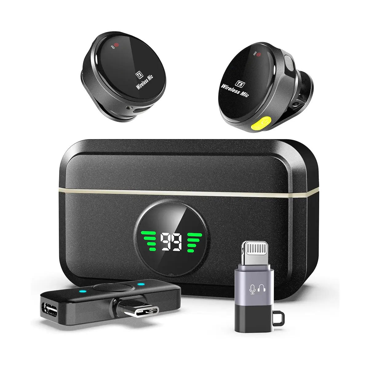 Portable Wireless Lavalier Microphone with Noise Reduction, Charging Case, Magnetic Lanyard, Clip-On Lapel Receiver - USB Type-C Plug-and-Play Wearable Recording Device for Content Creators (iPhone, iPad, Android Smartphones) (Black)