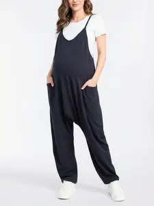 Sleeveless Relaxed Fit Maternity Jumpsuit in Soft Jersey Fabric with Side Pockets for Easy Layering