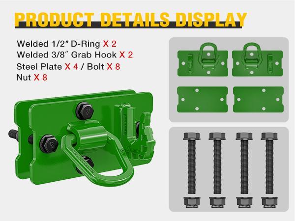 Nilight 2PCS Tractor Bucket Hooks with Tie Down Ring, Grade 70 Grade Forged Steel Bolt-On Grab Hook with Back Plates for Tractor Bucket RV UTV Truck MBS 15000 lbs, Green