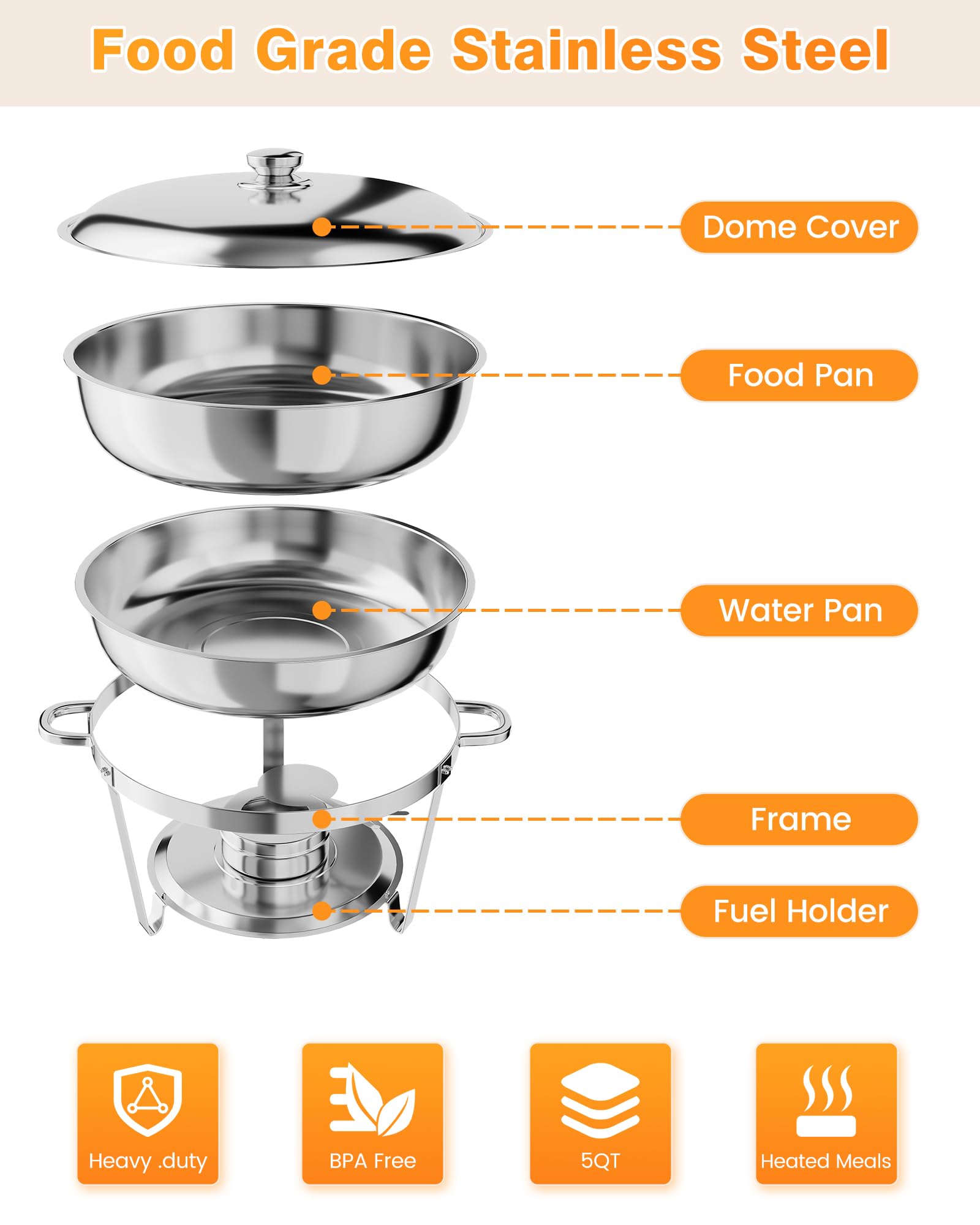 【GARVEE】Professional Stainless Steel Chafing Dish 5QT Round Buffet Server & Warmer Rust Resistant Casserole Cooking Container 2 4 or 6 Pack Options
