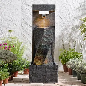 39.8’’ Tall Modern Spiral Waterfall Fountain Outdoor/Indoor  Freestanding  Water Fountain Resin Stone-Like Water Feature with LED Lights for Outside, Garden, Patio, Porch, Deck, Backyard, Home Decor Outdoor Garden Fountain