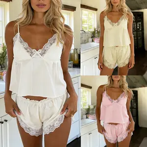 Women's Sexy Floral Lace Satin PJ Set Bow Split Cami And Shorts Pajama Set tiktokshopspringglowup
