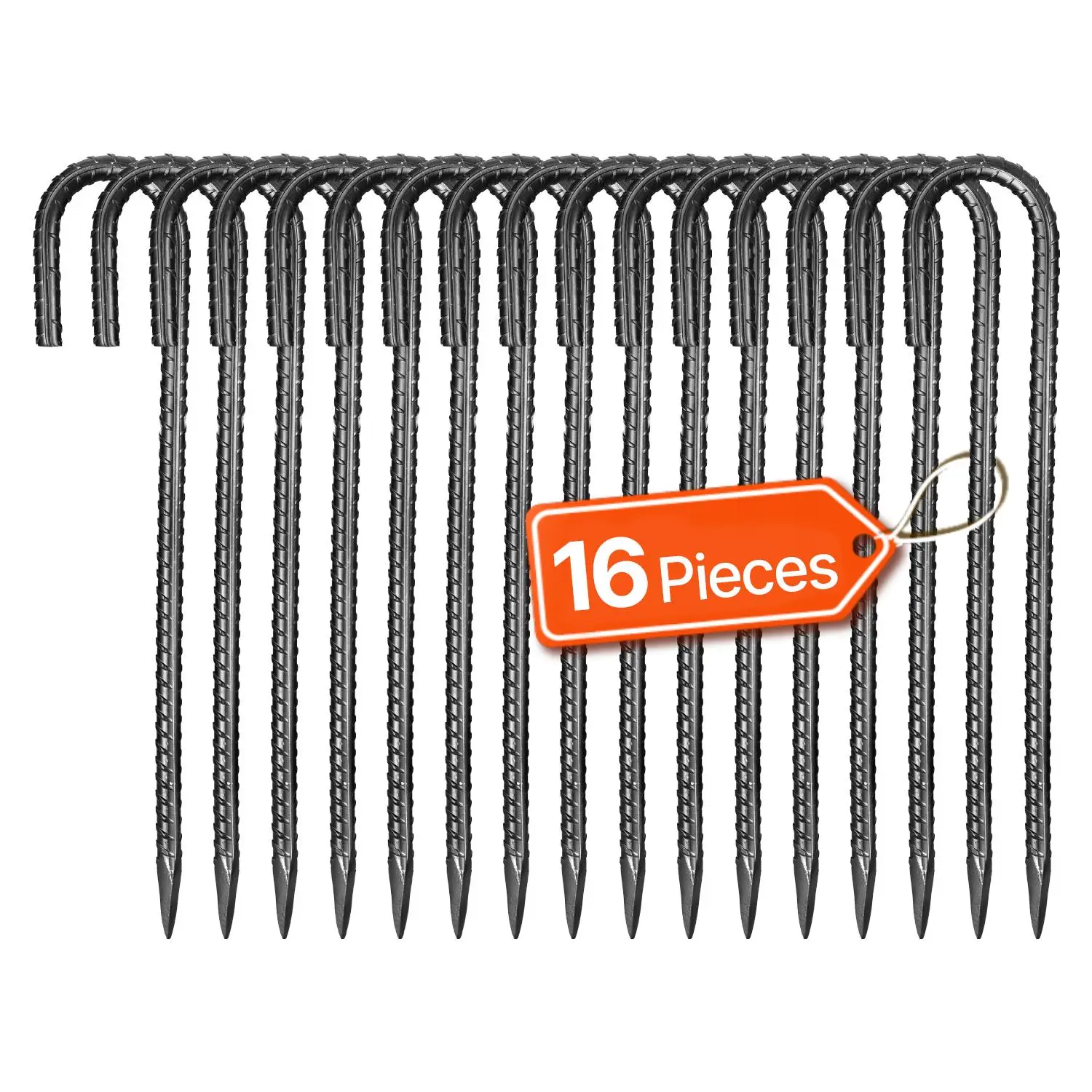 VEVOR Rebar Stakes 16-Pack, 12-Inch 0.4-Inch Diameter Galvanized Steel J-Hook Ground Anchors with Chisel Point End & Rust-Resistant Coating, Durable Tent Accessories for Fence, Soccer Goals, Deeper Anchoring (Extended & Reinforced Design)#BackToSchool