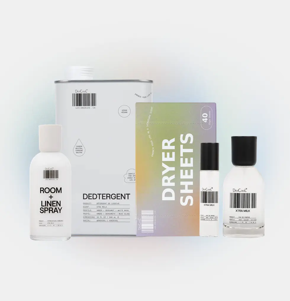 DedCool Almost Everything Set in Xtra Milk - Room & Linen Spray, Dedtergent, Dryer Sheets, Travel Spray & Full Size Fragrance