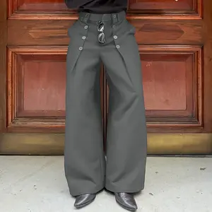 INCERUN Men's All Seasons [Dark Academia/Vintage] [Trousers/Pants] High Waist Double Breasted Button Wide Leg Sailor Style