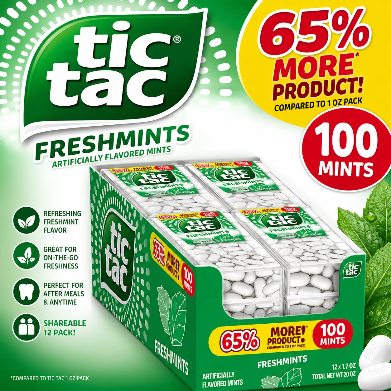 Tic Tac Freshmint Breath Mints, 1.7oz 12-Pack, Gluten-Free Pocket-Size Breath Fresheners