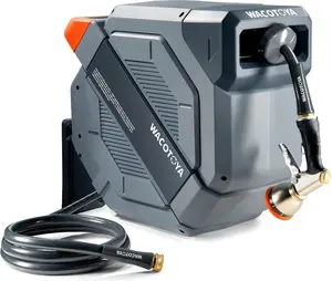 Retractable Garden Hose Reel 5/8 in x 100 ft Professional Metal Bracket & 9-Pattern Metal Nozzle UV Resistant Brass Fitting Heavy Duty Wall Mount Any Length Lock Slow Retraction 180 °   Swivel