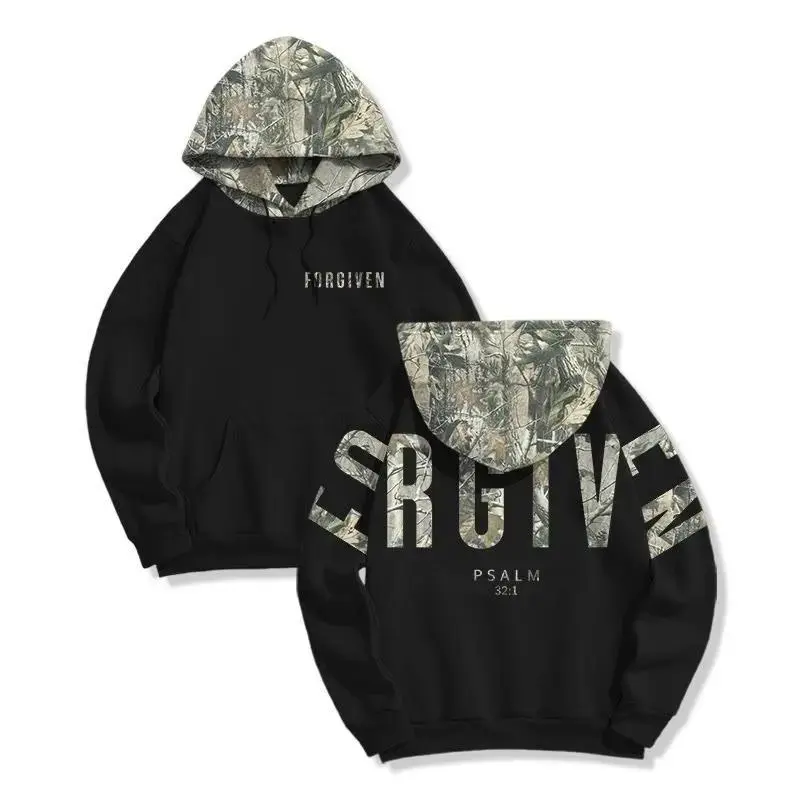 Forgiven Psalm 32_1 Dead Leaves Camouflage Hoodie for Men Womrn – Christian Bible Verse Camo Print Fleece Hooded Sweatshirt, Inspirational Faith Streetwear, Perfect Gift