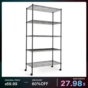 5 Tier Heavy-Duty Adjustable Wire Shelving Unit with Casters Ideal for garages, kitchens, pantries, laundry rooms, and office storage Easy assembly Dimensions: 23“W × 13”D × 60"H Black