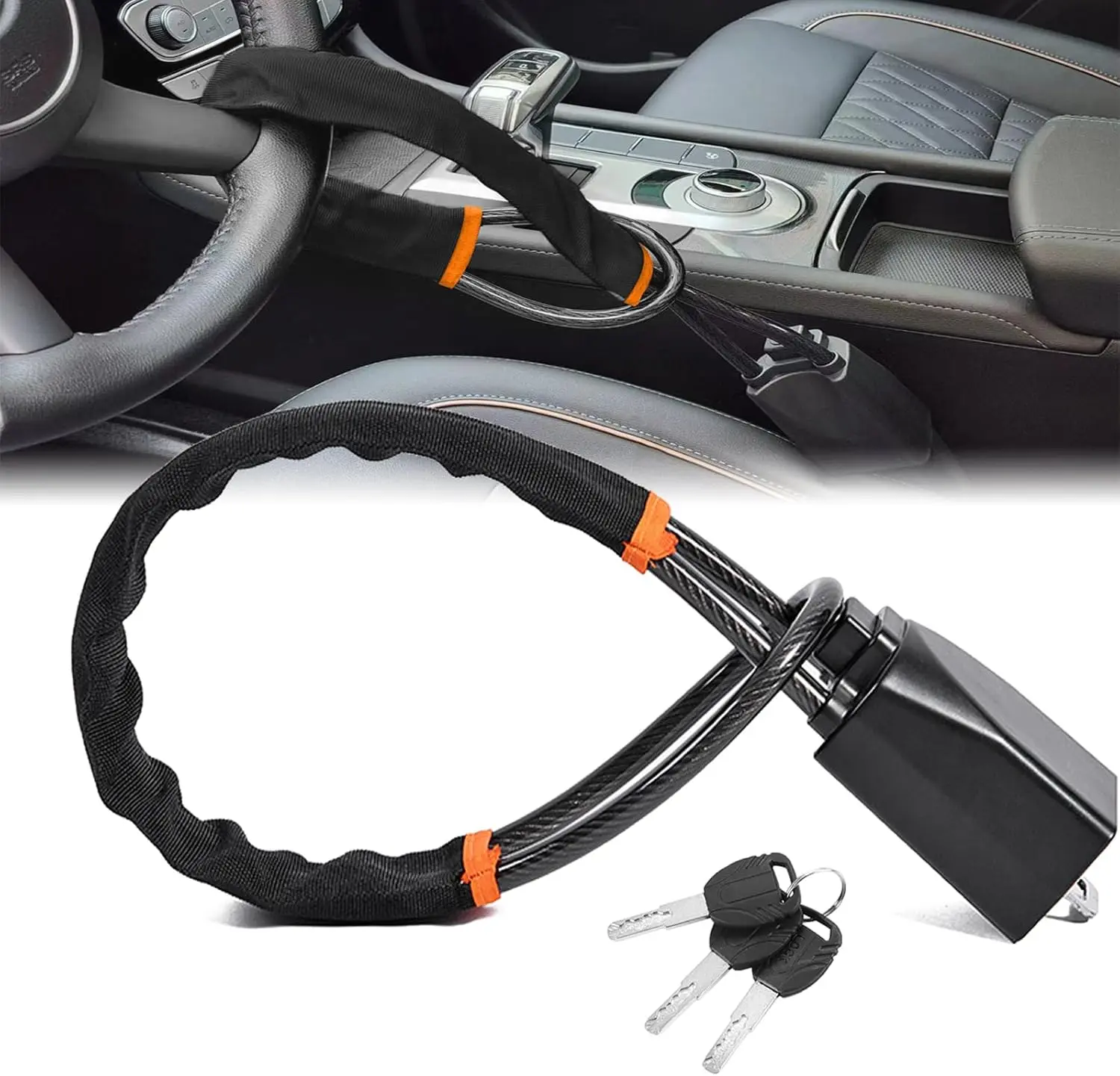 17" Universal Car Steering Wheel & Seat Belt Anti-Theft Lock, Compact Lightweight Security Device for Vehicles, SUVs | Multi-Function Keys (Black), Collapsible Bar, Adjustable 4.7-17"