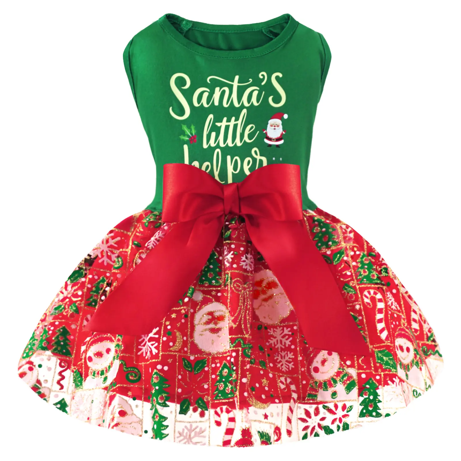 XPUDAC Dog Christmas Holiday Dress, Lightweight Festive Christmas Print Outfit for Small & Medium Girl Pets with Red Bow, Universal Fit Winter Pet Clothing