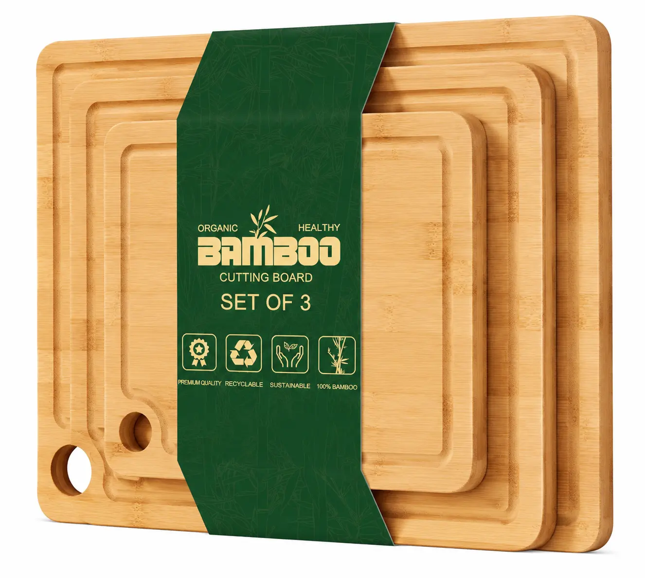 AISOON Kitchen 3-Piece Eco-Friendly Square Bamboo Cutting Board Set - Non-Toxic, BPA-Free Wooden Chopping Boards with Juice Groove, Handles for Knives, Meat, Cheese Serving